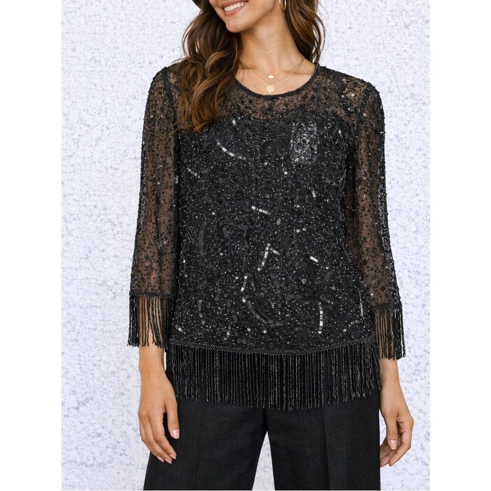 Emma Black Silk Sheer Beaded Fringe Top Vintage Evening Party Blouse Size 6